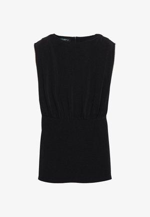 Črni top brez rokavov iz gladkega blaga, s pasom, ki je nabran, in z zadrgo na zadnji strani, s preprosto, čisto obliko.