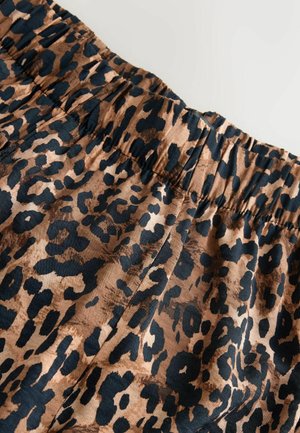 Tkanina s leopardím potiskem v kombinaci hnědé a černé. Má elastický pás a hladkou texturu s řasením.