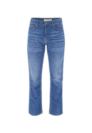Lyseblue denim jeans med lige ben, fem-lomme design og knaplukning foran. Subtile falmede og whiskering detaljer.