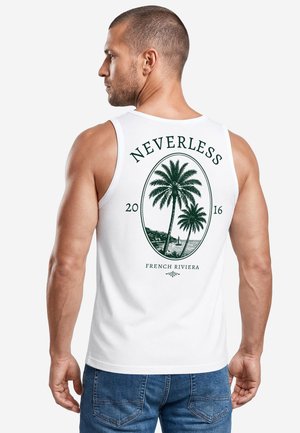 Man facing left wearing white sleeveless shirt with palm tree design and text "NEVERLESS 2016 FRENCH RIVIERA" on the back.