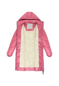 Roze pufferjas met capuchon, voorzien van een beige voering en omgeslagen mouwen. De buitenkant heeft een gladde textuur met een ritsluiting.