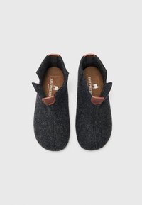Grijze gevoerde slippers met een zachte textuur, voorzien van leren accenten op de hiel en zijopeningen voor gemakkelijke instap. Interieurmerklogo zichtbaar.