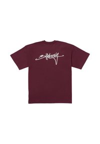 Burgundská bavlněná trička s krátkými rukávy, na zadní straně s bílým kurzivním logem. Klasický design s kulatým výstřihem. Hladká textura.