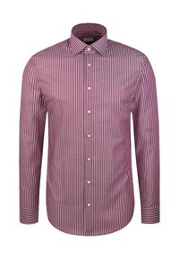 Langsleeve, knoopshirt met witte verticale strepen op een kastanjebruine achtergrond en een standaard kraag.