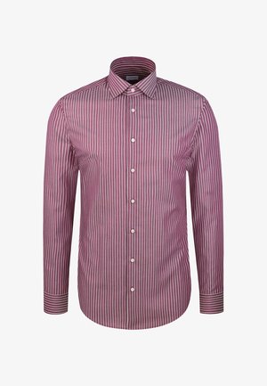 Langarmhemden mit weißen vertikalen Streifen auf burgunderfarbenem Hintergrund und einem klassischen Kragen.