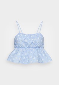 Top cropped azul claro com alças finas ajustáveis, padrão floral, corpete franzido e bainha peplum flair. Feito de tecido suave.