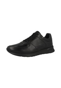 Black athletic shoes featuring a smooth leather upper, textured side panels, round toe, lace-up design, and a cushioned sole.