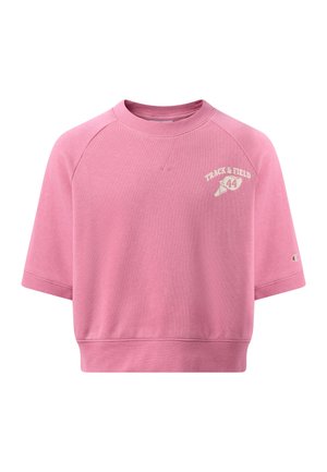 Pink short-sleeve sweatshirt with "Track & Field 44" text and a shoe graphic on the chest, featuring a crew neckline and ribbed hem.