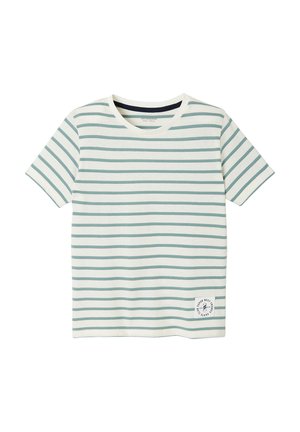 Short-sleeve white T-shirt with light green horizontal stripes and a small round patch near the bottom hem on a plain background.