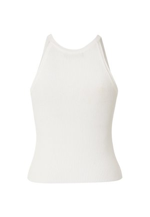 Débardeur blanc côtelé sans manches à col haut avec une silhouette ajustée et un léger évasement à l'ourlet.