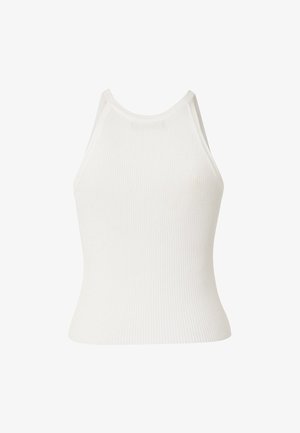 Débardeur blanc côtelé sans manches à col haut avec une silhouette ajustée et un léger évasement à l'ourlet.