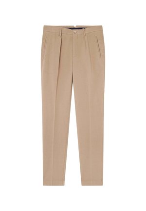 Pantalons beiges à coupe droite, fabriqués à partir d'un tissu lisse. Dotés de poches avant et d'une fermeture à bouton à la taille.