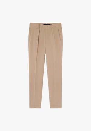 Beige Hose mit geradem Schnitt, aus einem glatten Stoff gefertigt. Verfügt über Fronttaschen und einen Knopfverschluss an der Taille.