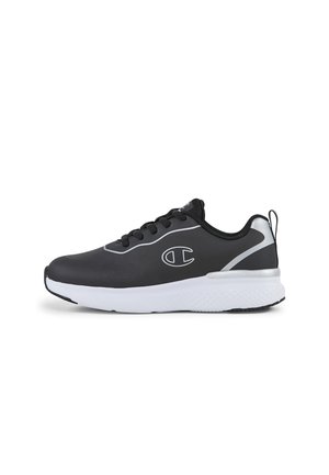 Chaussure de sport noire avec un upper synthétique lisse, une semelle intermédiaire blanche, une semelle extérieure noire et des accents gris. Dispose de lacets ronds et d'un logo sur le côté.