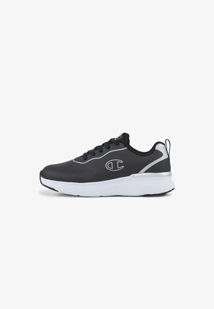 Black athletic shoe with a smooth synthetic upper, white midsole, black outsole, and gray accents. Features round laces and logo on the side.