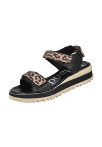 Sandalia negra con tiras de estampado de leopardo y cierres de Velcro. Presenta una suela gruesa de color beige con un patrón texturizado para mayor agarre.