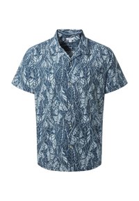 Short-sleeve button-up shirt in a blue and white leaf pattern, featuring a collar and a relaxed cut. Made from lightweight fabric.