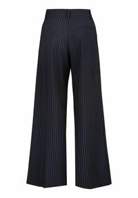 Marineblauwe wijde broek met witte streepjes, voorzien van een tailleband, een enkele achterzak en een vloeiende stof voor een relaxte pasvorm.