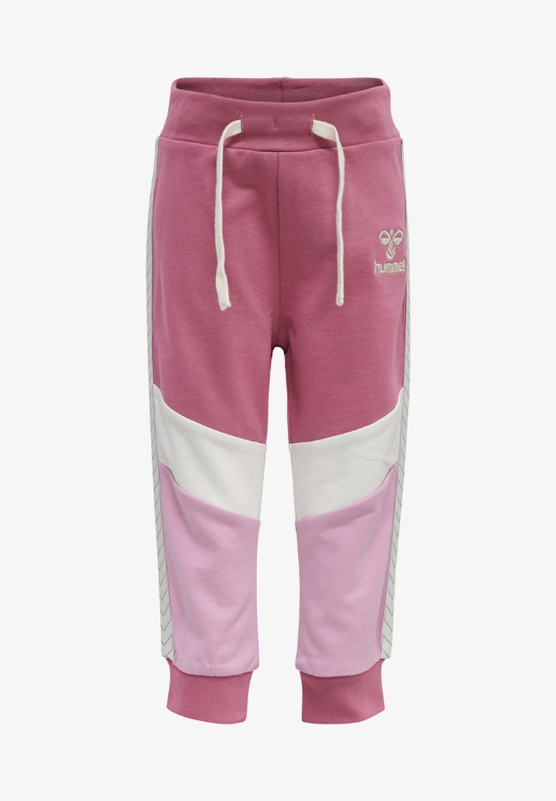 Rosa sweatpants med vita och ljusrosa zigzag-mönster, elastisk midja, dragsko och Hummel-logotyp på framsidan. Mjuk material.