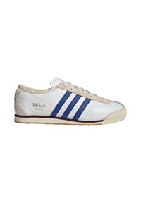 White leather sneaker with three blue stripes, beige accents, and a rubber sole with a textured toe cap. Features branded logo on side.