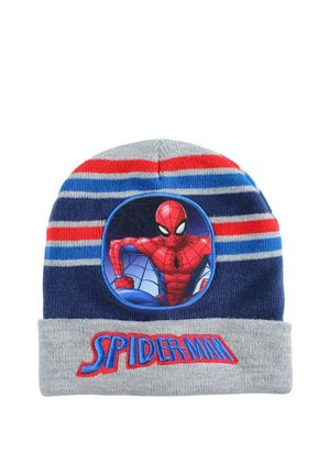 Cappello lavorato a maglia per bambini con righe blu, rosse e grigie con grafica di Spiderman e testo "SPIDER-MAN" rosso e blu sul risvolto.