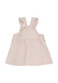 Ljusrosa bomulls klänning med volangaxlar, vertikala ränder och en rynkad kjol. Har tryckknappar på sidorna.