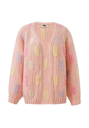 Gilet en tricot rose pâle avec un col en V, ornée de motifs de feuilles brodés multicolores. Texture épaisse et coupe ample.
