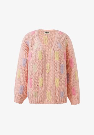 Gebreide cardigan in zacht roze met een V-hals, voorzien van multikleurige geborduurde blaadjespatronen. Stevige textuur en losse pasvorm.