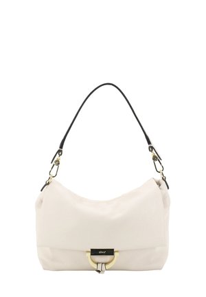Cream-colored leather handbag with short black strap and gold-tone metal clasp on front.