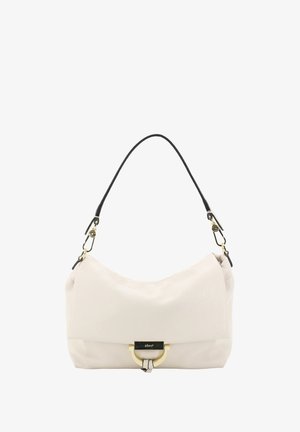 Cream-colored leather handbag with short black strap and gold-tone metal clasp on front.