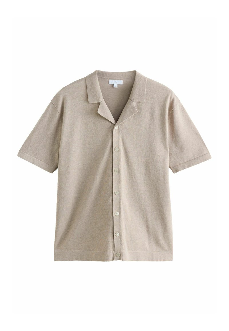 Kurzärmliges Button-Up-Hemd in hellbeige, aus weichem Stoff. Verfügt über einen eingekerbten Kragen und sechs Knöpfe auf der Vorderseite, mit einem lockeren Schnitt.