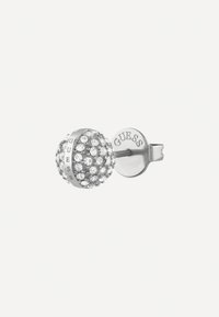 Silberne Ohrstecker mit kugelförmigem Design, verziert mit kleinen klaren Kristallen und einem markierten Element an der Seite.