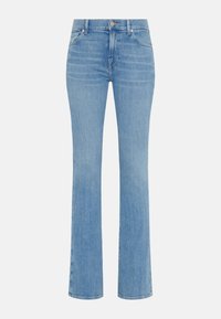 Jeans svasati azzurri chiari in denim, con vita alta, cinque tasche, chiusura con bottone e una leggera texture sfumata.