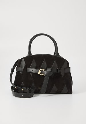 Black leather handbag with a quilted design featuring diamond patterns. Gold hardware accents and a removable shoulder strap.