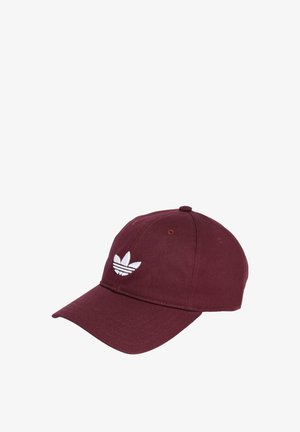 Maroon baseball cap made of cotton with a curved brim, featuring a white three-stripe logo on the front and ventilation eyelets.