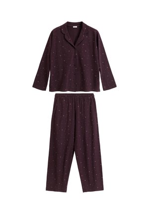 Burgundowy zestaw piżamowy z długim rękawem, zapinany na guziki, oraz pasującymi spodniami. Materiał jest ozdobiony małymi wzorami w kształcie półksiężyca. Elastyczny pasek w pasie.