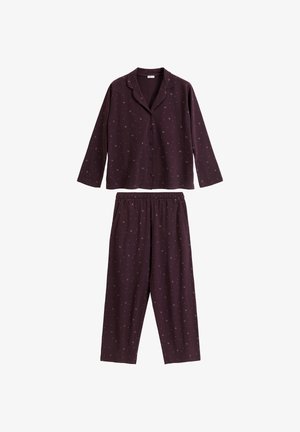 Burgundowy zestaw piżamowy z długim rękawem, zapinany na guziki, oraz pasującymi spodniami. Materiał jest ozdobiony małymi wzorami w kształcie półksiężyca. Elastyczny pasek w pasie.