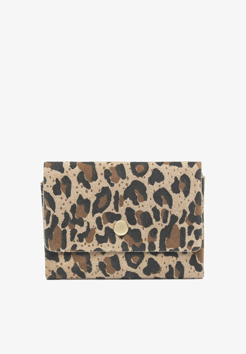 Leopard-print suede wallet in beige and brown, with a snap closure and a soft texture. Features bold black spots and a compact rectangular shape.