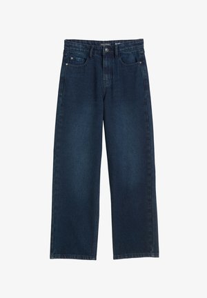 Dunkelblaue Wide-Leg-Denim-Jeans mit Fronttaschen, Gürtelschlaufen und einem Knopfverschluss an der Taille.