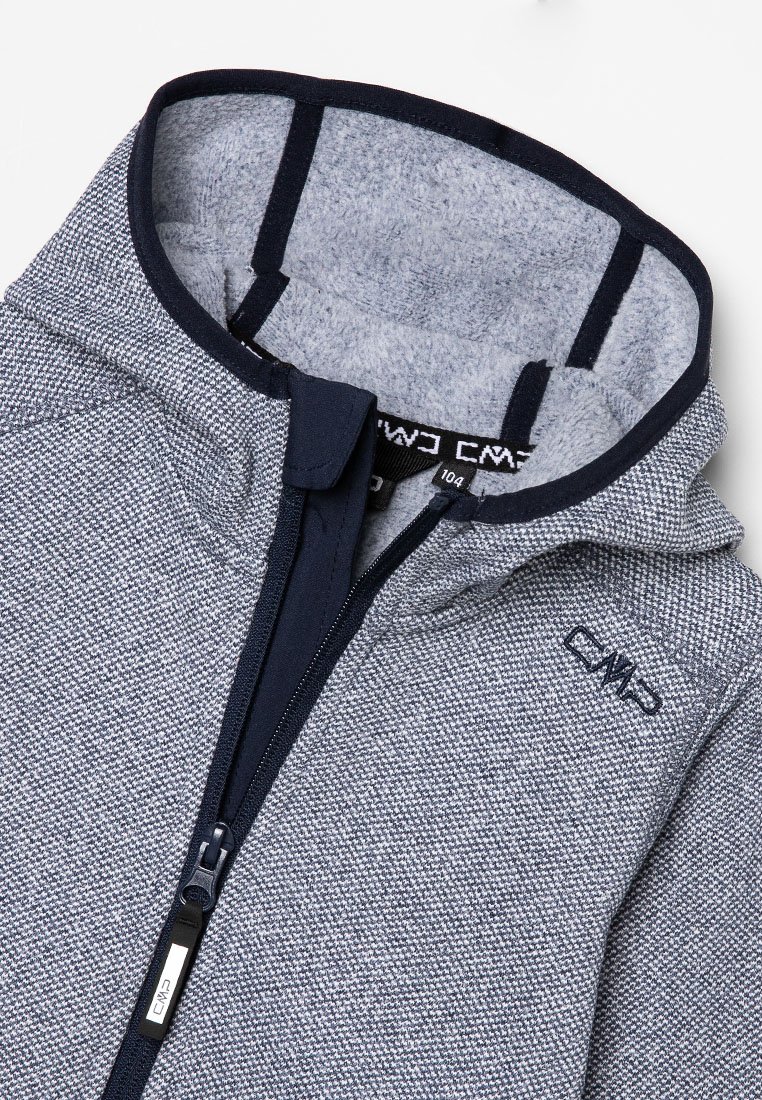 Felpa con zip grigia e blu navy in tessuto strutturato, con interno foderato e colletto alto. Caratterizzata da un logo sul petto e dettagli di zip robusti.