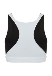 Sport BH med en kombinasjon av hvit og svart stoff. Har en rund halslinje, racerback-design og kontrasterende paneler på sidene.