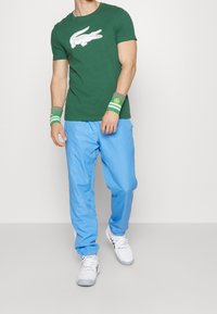 Vihreä puuvillainen t-paita, jossa on valkoinen krokotiilikuva, yhdistetty vaaleansinisiiin jogger-housuihin. Asusteina vihreät rannekkeet. Valkoiset kengät.