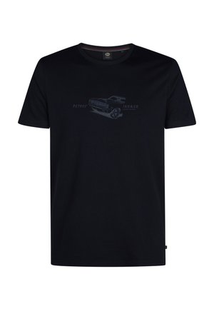 Zwarte katoenen t-shirt met een ronde hals en korte mouwen, bedrukt met een vintage auto graphic en merknaam in grijs.