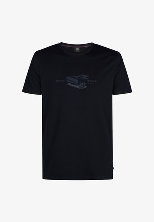 T-shirt in cotone nero con colletto rotondo e maniche corte, stampata con una grafica di un'auto d'epoca e il nome del marchio in grigio.