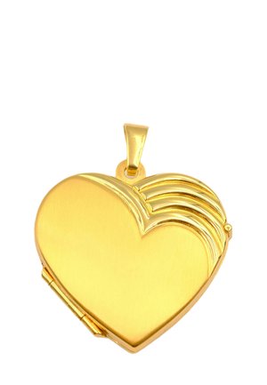 Médaillon en or en forme de cœur avec une finition lisse et mate et des bords arrondis en haut. Comprend un petit fermoir à charnière pour l'ouverture.