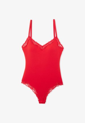 Red lace-trimmed bodysuit with thin shoulder straps, V-neckline, and snap closures at the crotch.