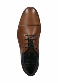 Braunes Leder-Schuhwerk mit glatter Oberfläche, geschlossenem Schnürsystem, kontrastierendem blauen Textilfutter und einer schlanken, abgerundeten Zehenform.