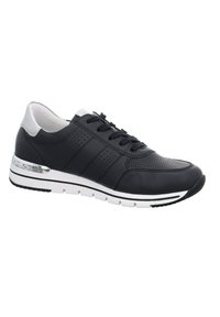 Schwarze Sportschuhe mit Obermaterial aus Leder und Mesh, ausgestattet mit einer weißen Sohle, grauen Akzenten und einem perforierten Design für Atmungsaktivität.