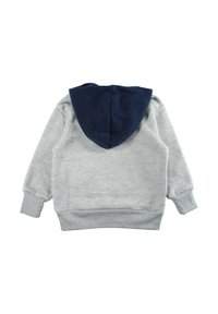 Sweat à capuche gris avec une capuche bleu marine. Présente des poignets et un ourlet côtelés, une texture douce et un design simple et décontracté. Aucun logo ou motif visible.