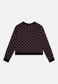 Czarny sweter o kroju crop z diamentowym wzorem w kolorze różowym, z długimi rękawami i okrągłym dekoltem, wykończony ribbowanym dołem.
